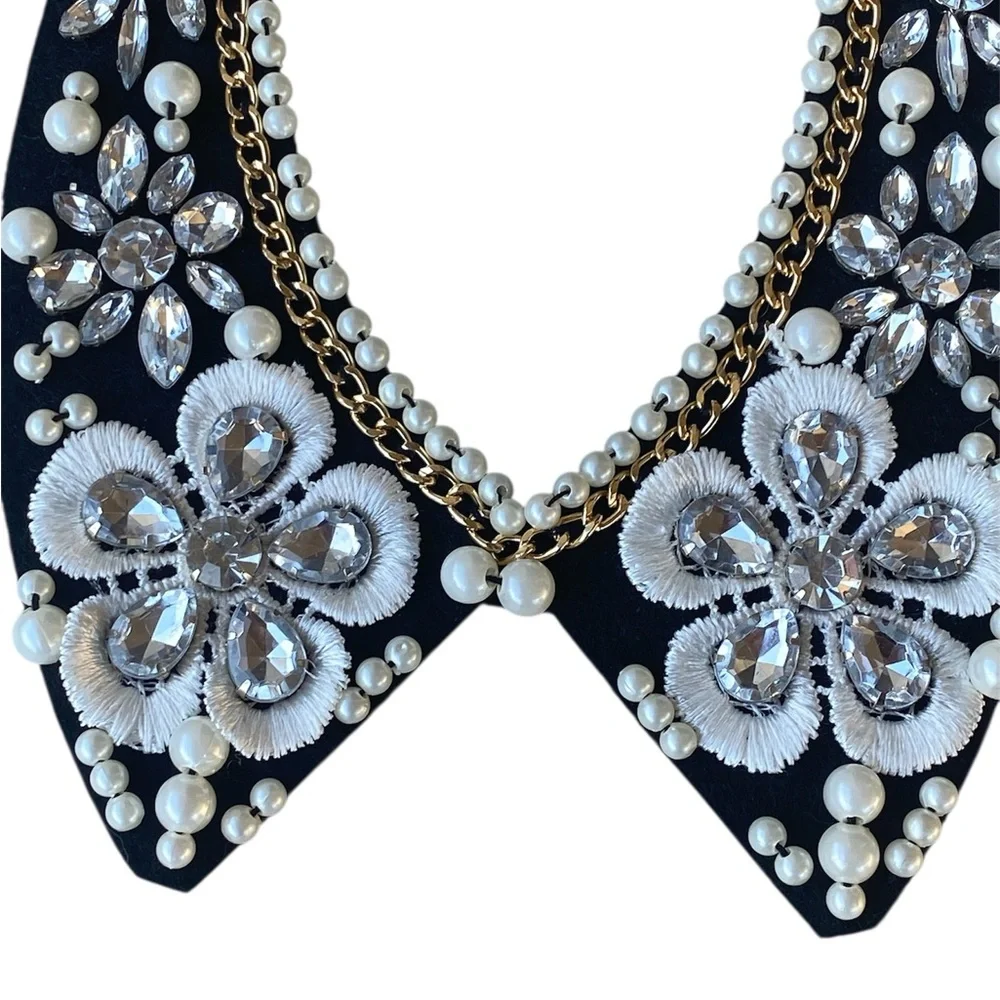 Pearl Rhinestone Bib Collar Necklace Statement Costume Jewelry - Picture 3 of 12